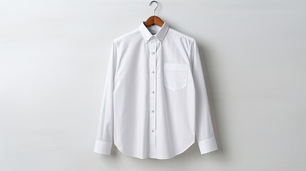 Classic White Dress Shirt Hanging on Minimalist Wall on the white wall background 