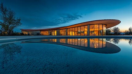 Modern Building and Reflecting Pool at Dusk