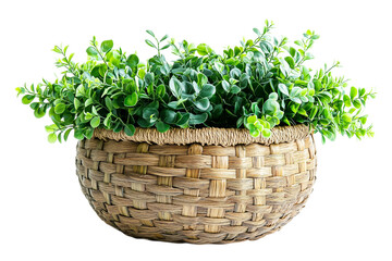 Fototapeta premium Green Plants In A Woven Basket Container For Home Decor Items Design on Transparent Background