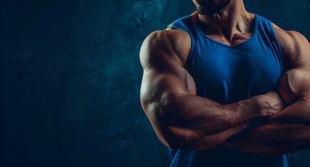 Obraz premium Mężczyzna o umięśnionych ramionach – portret w sportowej odzieży na tle w ciemnych barwach