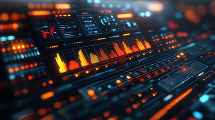 Futuristic Digital Interface with Glowing Orange and Blue Data Visualizations