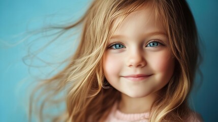 Cheerful long-haired girl exudes joy, vibrant energy radiates in a creative moment.