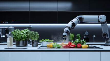A robotic arm skillfully chops vibrant vegetables in a modern kitchen, surrounded by an array of fresh greens and herbs, demonstrating advanced culinary technology in action