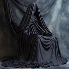 Naklejka premium A luxurious silk satin fabric curtain in dark grey with elegant ruffles