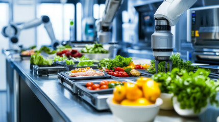 In a busy kitchen equipped with advanced technology, robots work efficiently to sort and prepare fresh vegetables and ingredients for cooking, showcasing innovation in culinary practices