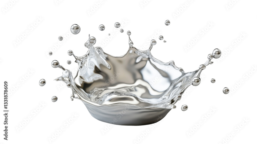 Poster silver liquid splashing with crown shape and transparent background