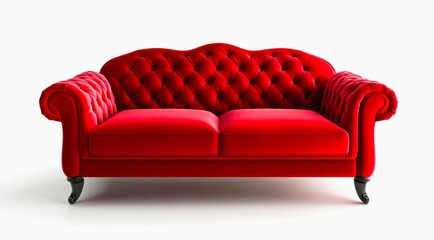 Retro sofa with red velvet upholstery isolated on white background.