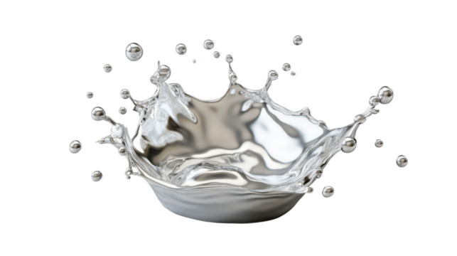 Silver liquid splashing with crown shape and transparent background