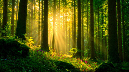 Obraz premium A breathtaking view of a dense green forest with tall trees reaching toward the sky