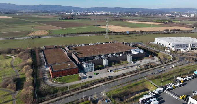 Data center complex building, the Data Center FRA-2, computing center, cloud server space. IT technology.
