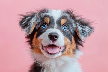 Fototapeta premium Cute Australian Shepherd Puppy with Blue Eyes on Pink Background