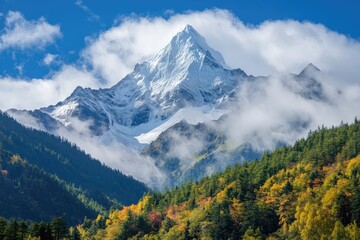 Obraz premium A magnificent snow-capped mountain stands tall in the distance, surrounded by lush green forests and colorful autumn leaves