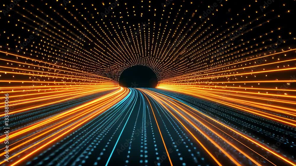 Poster dynamic digital tunnel with glowing orange and blue light trails futuristic and energetic journey th