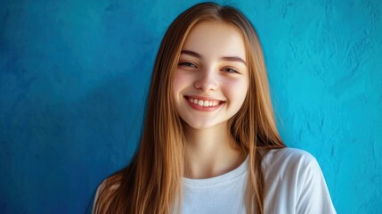 Cheerful long-haired girl exudes joy, vibrant energy radiates in a creative moment.