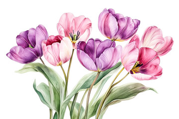 Fototapeta premium Watercolor Painting of Pink and Purple Flower Bouquet on Transparent Background