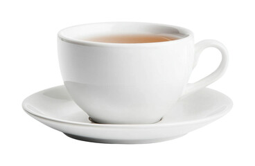 Obraz premium White porcelain cup with tea on saucer isolated on white background, cut out
