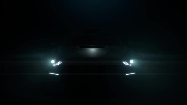 Front View Silhouette Car With Headlights On Dark Black Background