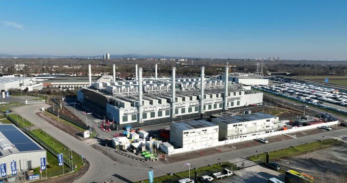 ew constructed hyper scaler data center, cloud server space, IT infrastrucutre. Aerial views. Frankfurt, Germany.