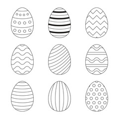 A set of outline illustrations of Easter eggs with unique patterns