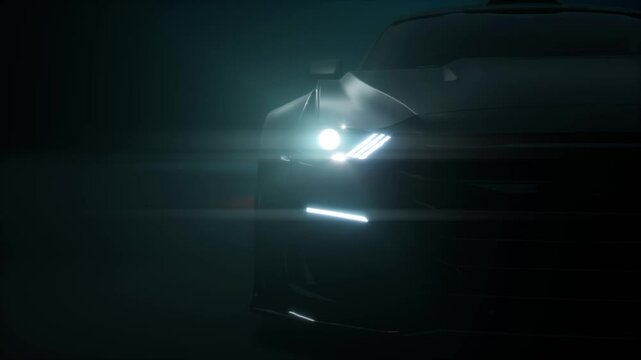 Front View Silhouette Car With Headlights On Dark Black Background
