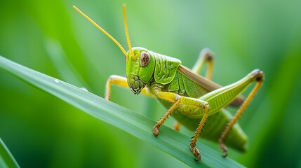Fototapeta premium Green Grasshopper on Blade of Grass Close Up
