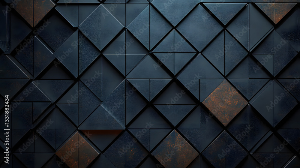 Poster futuristic, high tech, dark background, with a triangular block structure. wall texture with a 3d tr
