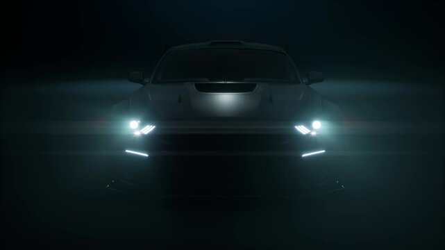 Front View Silhouette Car With Headlights On Dark Black Background