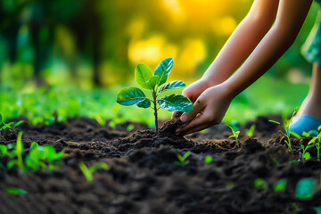 Gardener planting a young sapling in rich soil during daylight hours at a green garden