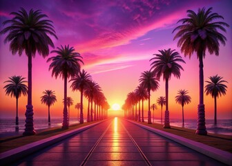 Fototapeta premium Serene Sunrise Beach Path: Palm Trees, Purple Sky, Tropical Paradise