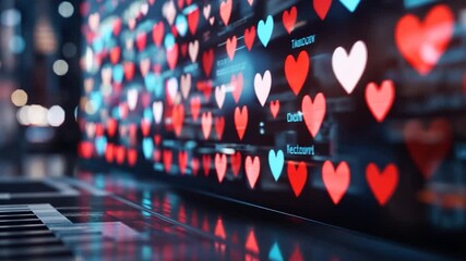 Colorful digital hearts on a screen with data display, symbolizing love in a tech environment - Powered by Adobe