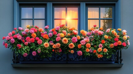 Ornamental flower boxes overflowing with vibrant roses on a building facade