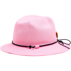 A stylish pink hat featuring a breathable texture and an adjustable cord for a secure fit.