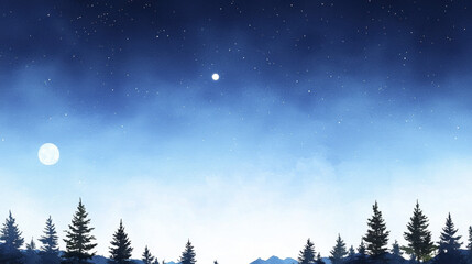 Naklejka premium Serene watercolor landscape featuring glowing moonlit night sky with stars