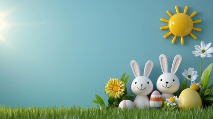 Cute fluffy easter bunny celebrating easter with colorful flowers and decorated eggs on blue background with copy space