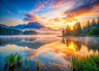 Serene Sunrise Mist Lake Mountain Scenery Minimalist Photography