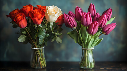 Fototapeta premium Roses and tulips in vases