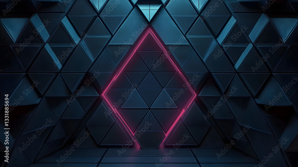Poster futuristic, high tech, dark background, with a triangular block structure. wall texture with a 3d tr