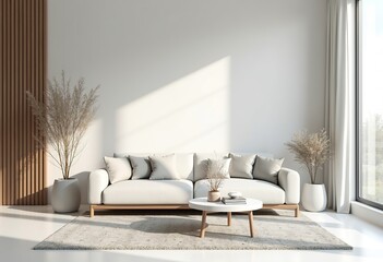 Minimalist Home Design: White Luxury Living Room 3D Mockup – Explore a modern and serene living room mockup featuring a minimalist design, luxurious white tones, and a spacious layout, perfect for sho