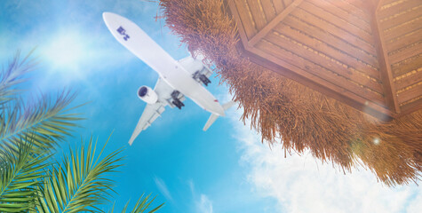 Airplane, beach umbrellas parasol made of coconut leaf and palm branches against  backdrop of blue...