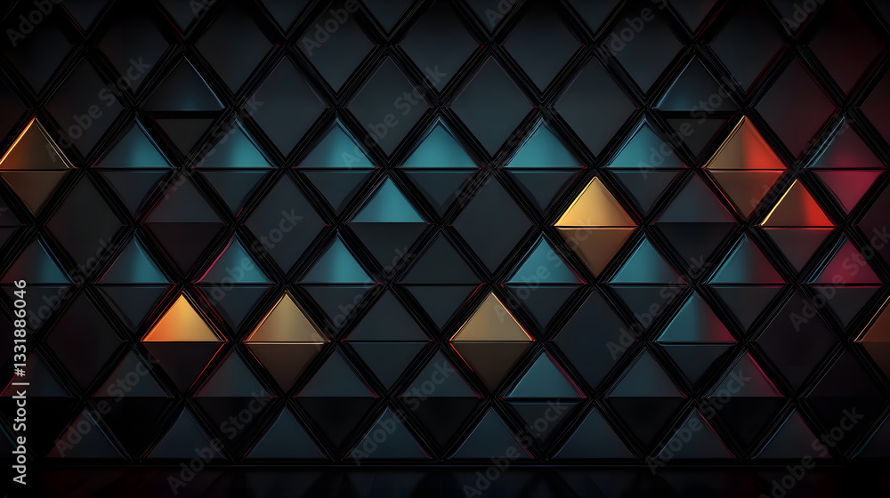 Poster futuristic, high tech, dark background, with a triangular block structure. wall texture with a 3d tr