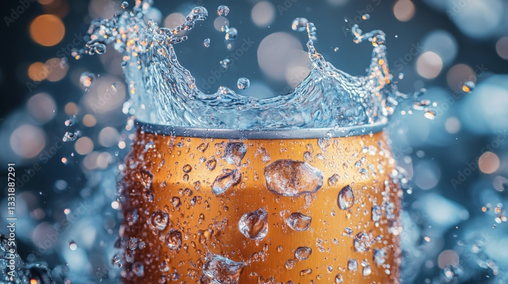 Poster A vibrant beverage can is partially submerged in water, creating splashes and droplets that glisten under soft lighting, capturing a refreshing moment.