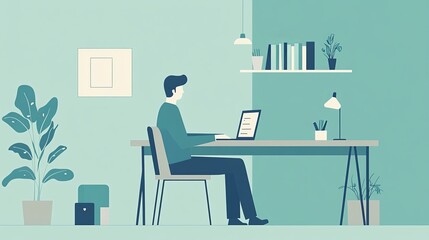 Man Working on Laptop at Minimalist Desk in Teal Room