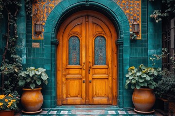 Naklejka premium Elegant wooden double doors with ornate glass panels framed by emerald tile blue walls and greenery, luxurious and artistic entrance, copy space