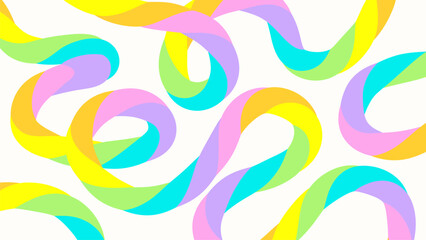 Obraz premium Abstract summer playful festive background. Colorful bright neon rainbow striped serpentine, spiral with loop on white background. Jute, rope, string for children's party, festival. Flat vector EPS10 