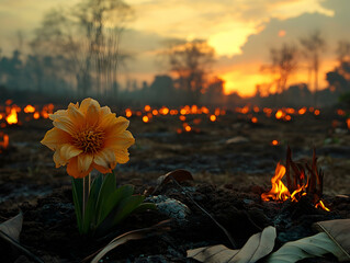 Orange flower amidst wildfire
