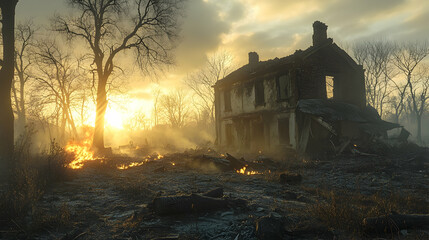 Ruined house, sunset, fire aftermath
