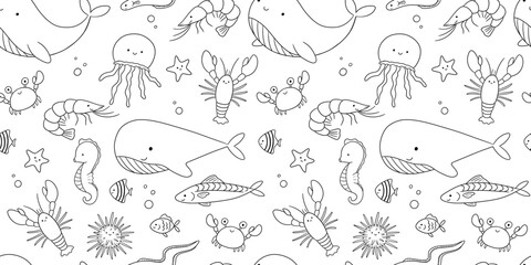 Seamless pattern with line sea animals on white background, underwater life, vector outline illustrations. Nautical repeating monochrome design for kids