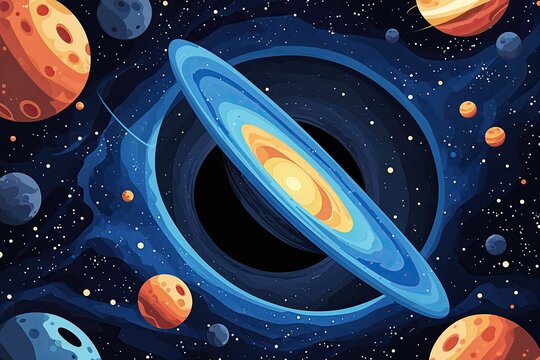 Charming Flat Design Illustration of Black Holes Against the Expansive Universe Background