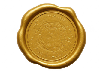A circular golden wax seal with an embossed slightly textured surface isolate on transparent background