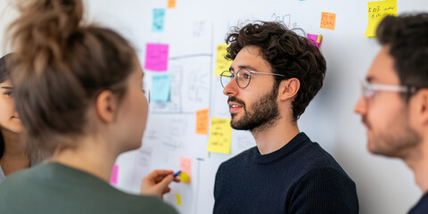 Obraz premium Team Brainstorming Session with Whiteboard and Sticky Notes